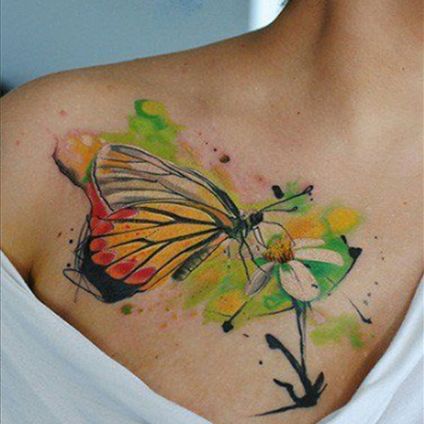  Water Color Splash Butterfly and Flower tattoo design