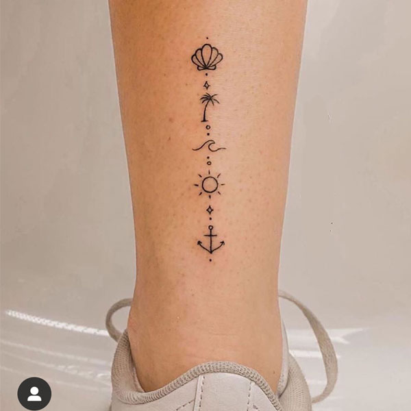  Innovative cute ankle tattoos for sea lover customize with sun, wave, anchor, palm tree, seashell