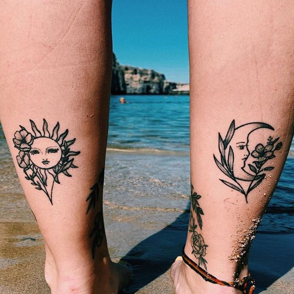 Awesome The Sun and The Moon leg tattoo design