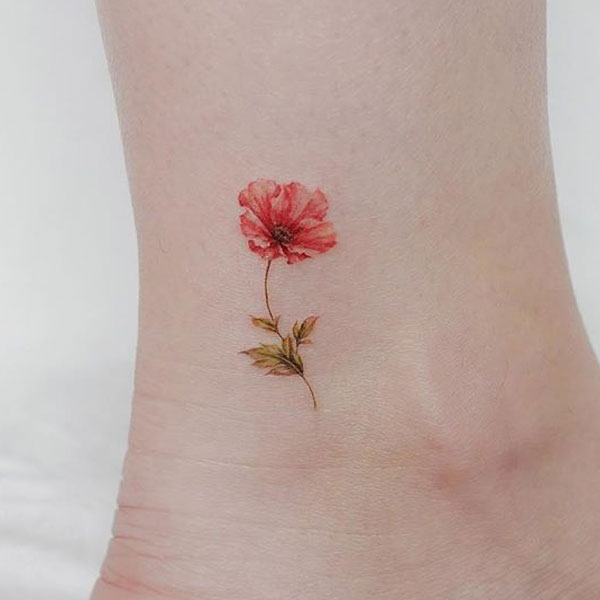 Cute colorful poppy flower ankle tattoos