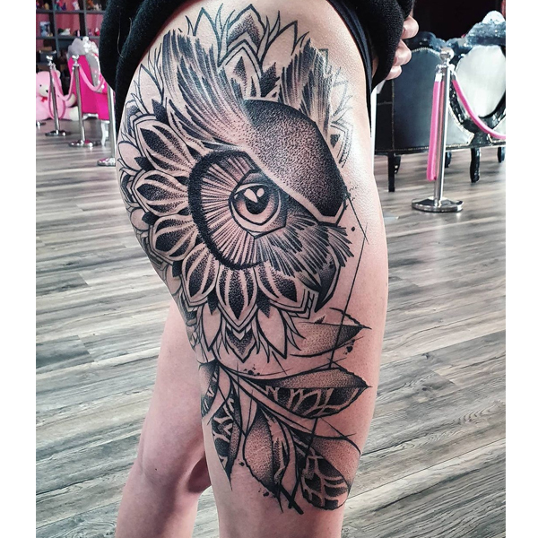  Dazzling owl mandala thigh tattoo