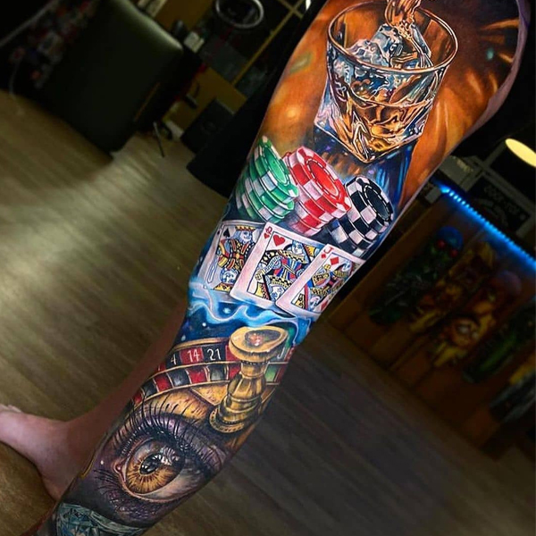  Incredible realistic gambling full leg colorful tattoo