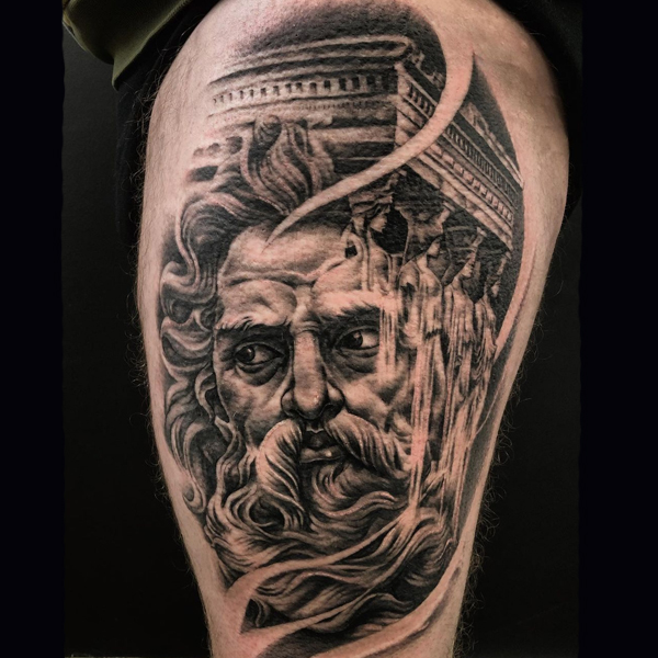 Gracious Zeus and Ancient green temple tattoo