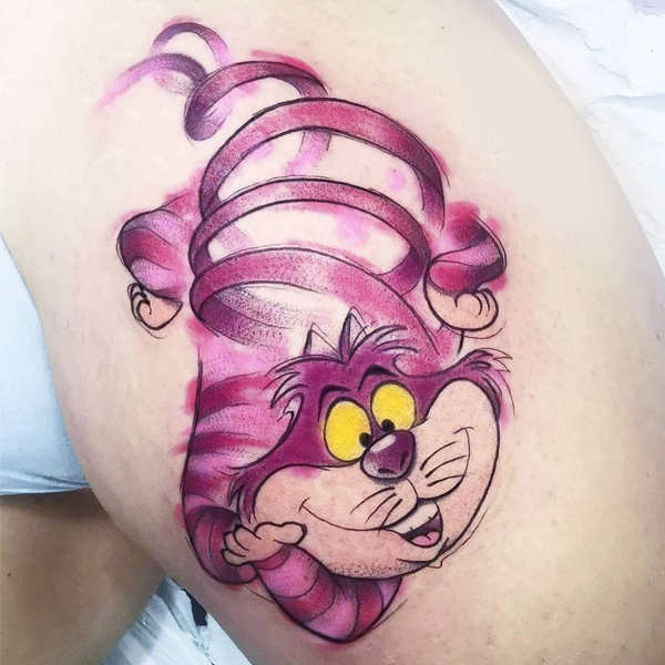 Awesome colorful Stregatto cat tattoo