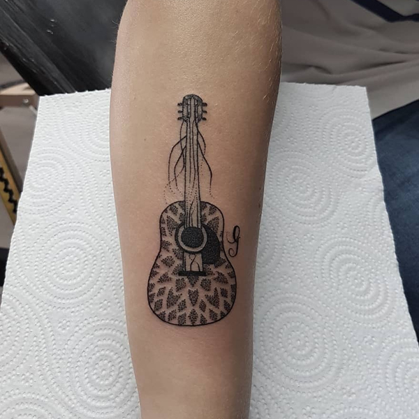  Cute mandala small guitar dot work tattoo