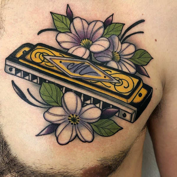 Unique harmonica instrument music tattoo