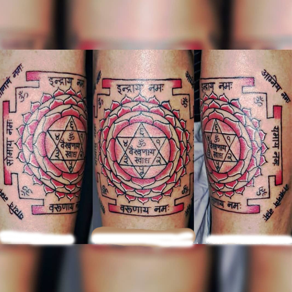  Holy colorful Kuber yantra mantra tattoo