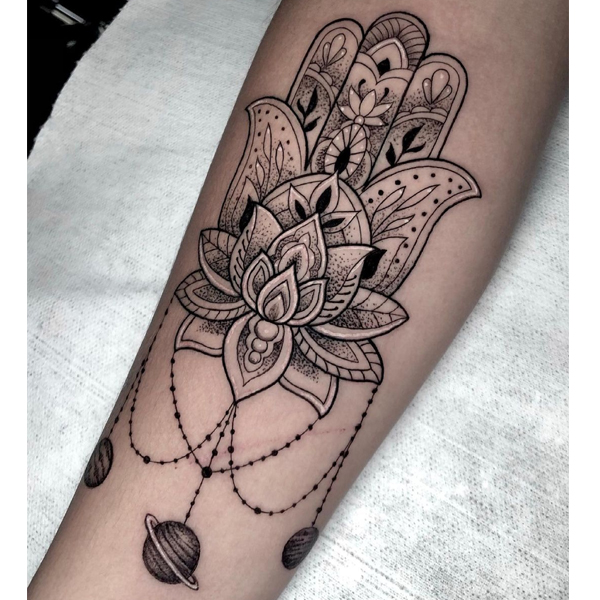  Beautiful Ornamental hamsa tattoo with lotus