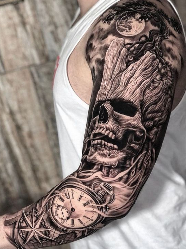 Realism Skull black and grey tattoo sleeve