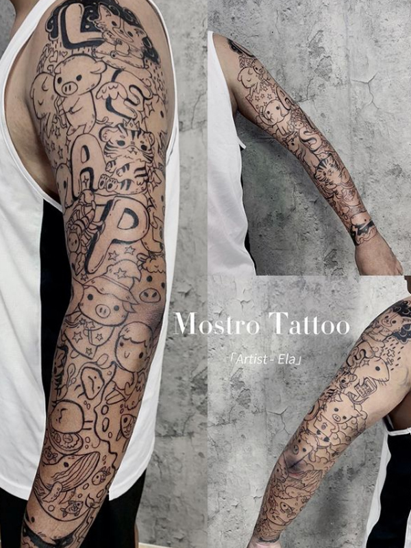 Fine line Family Zoadic theme sleeve tattoo