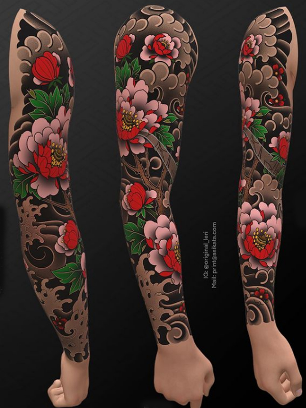 Awesome Japanese Peony flower sleeve tattoo