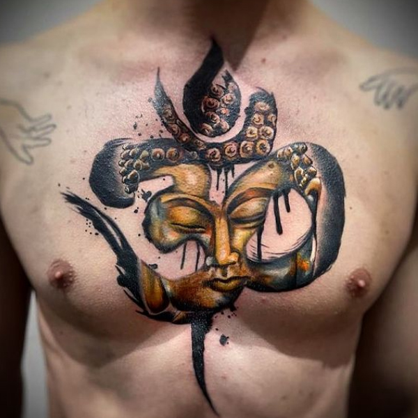 Splendid Buddha and creative om tattoo on the chest
