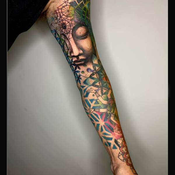 Awesome geometrical colorful buddha tattoo for full sleeve
