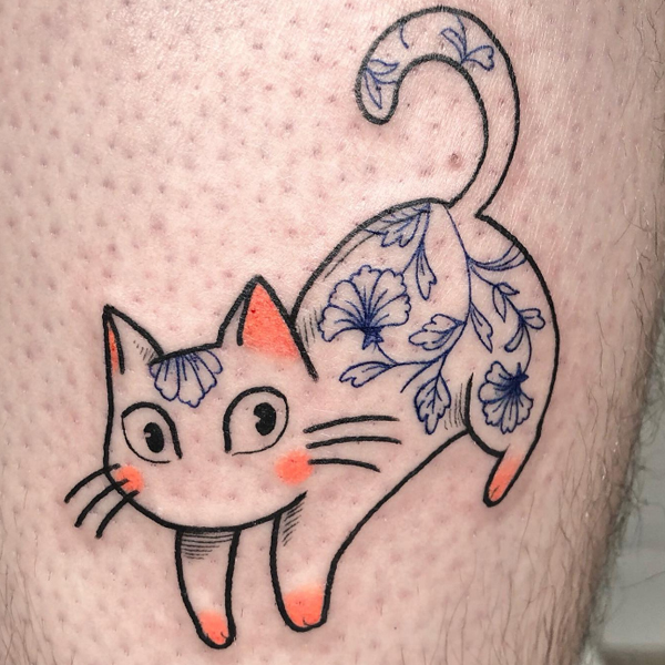 Creative porcelain cat tattoo design