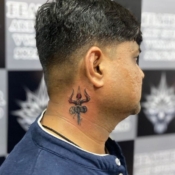 Simple trishul design tattoo for the side neck