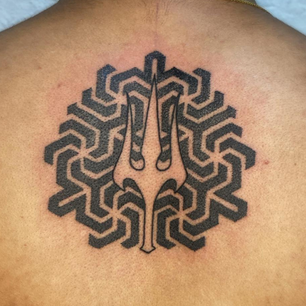 Awesome geometrical pattern and trishul tattoo