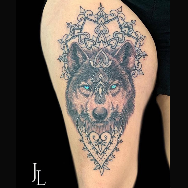  Gorgeous Mandala art with wolf design tattoo