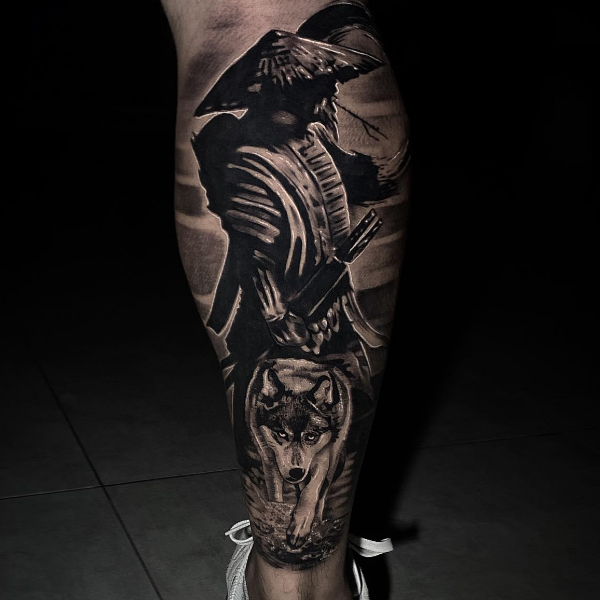 Prominent Wolf and samurai tattoo