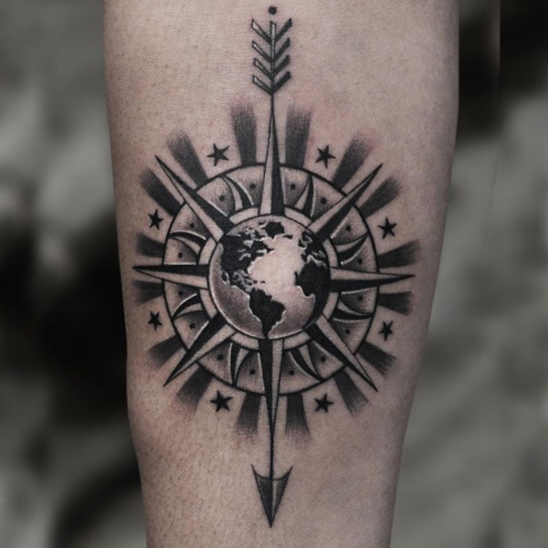 Awesome compass and 3D globe tattoo