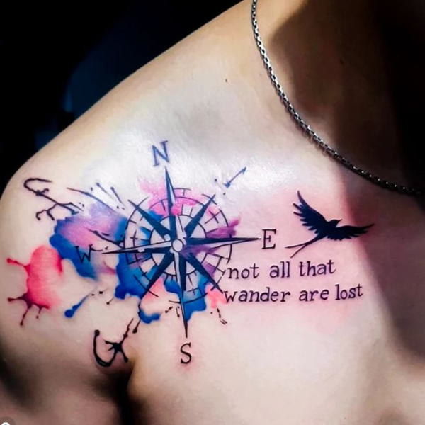 Bright compass watercolor splash quote tattoo