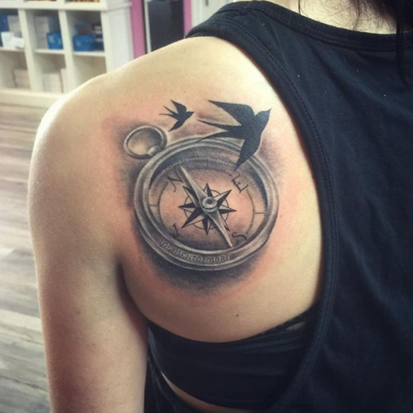 Awesome 3D compass and bird tattoo design