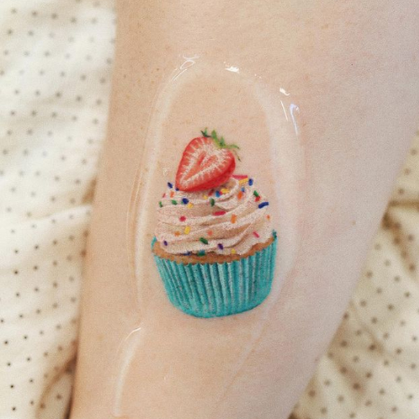  colorful strawberry cup cake tattoo