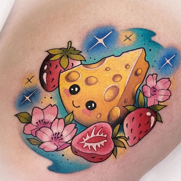 beautiful strawberry and cheese tattoo