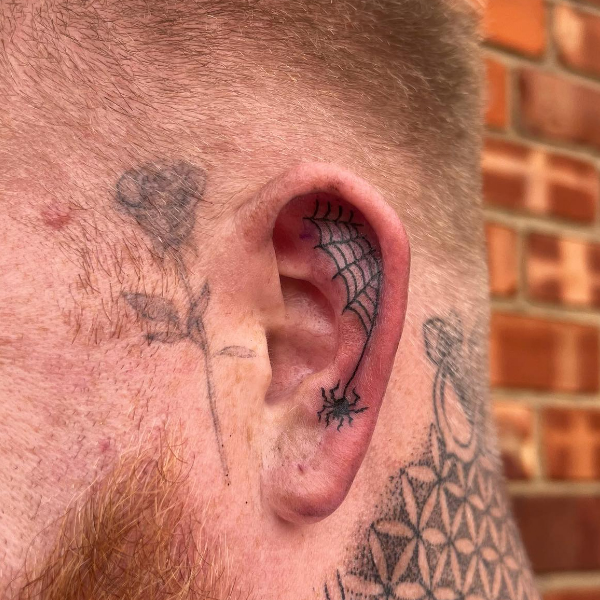  Spider web tattoo on the inner ear 