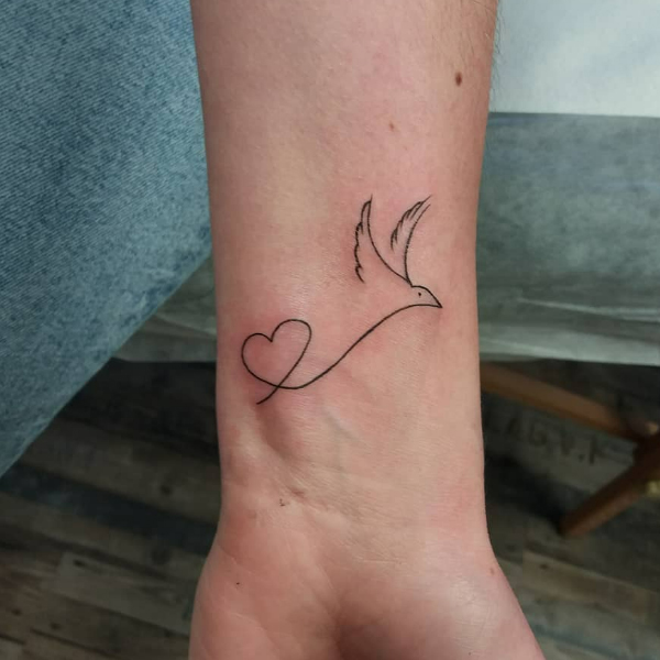 Fine line heart and small bird tattoo designs