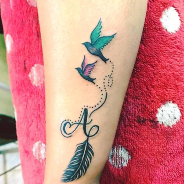 Beautiful A-letter, feather, and Small birds tattoo design