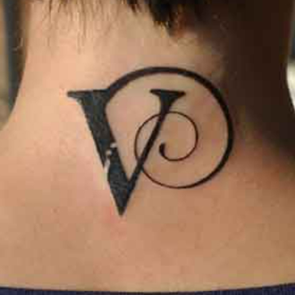 Black and bold v-letter tattoo design for back neck