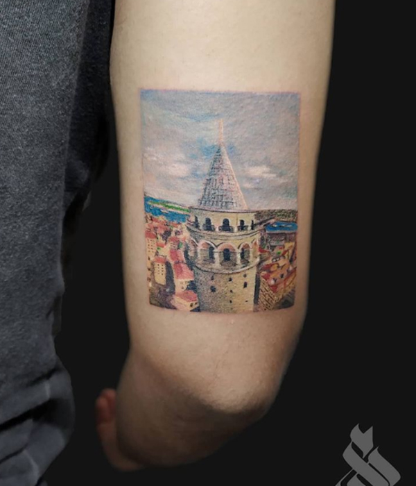 Attractive Galata tower colorful tattoo