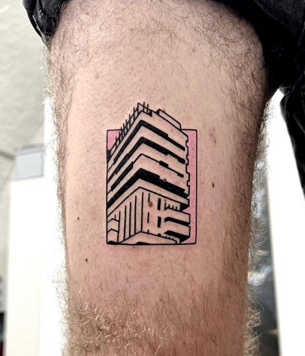 Stunning Small architectural building tattoo on the thigh
