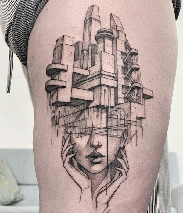 Beautiful industrial brutalist architecture building tattoo