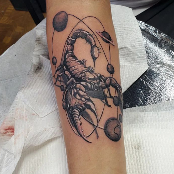 Amazing 3d Scorpio and planet tattoo