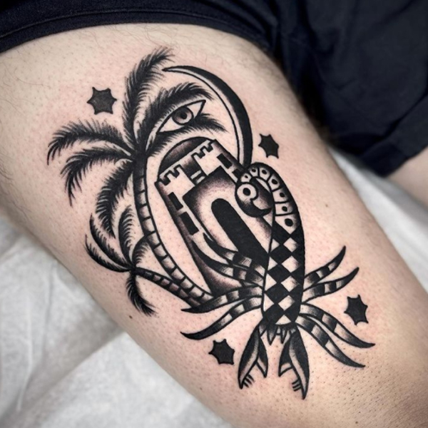 Awesome black Scorpio temple tattoo