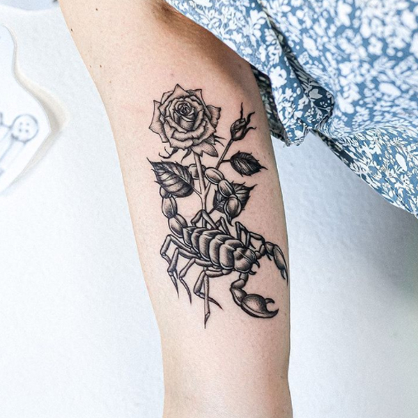 Beautiful rose and Scorpio design tattoo