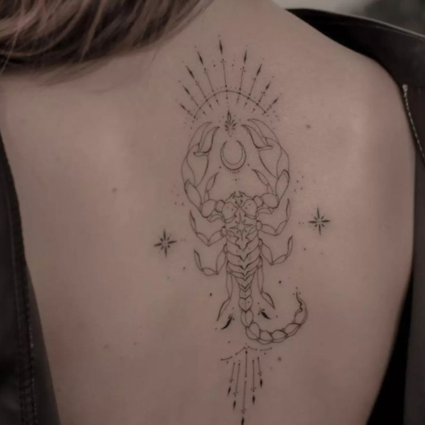 Fine line work Scorpio, moon, and small star tattoo