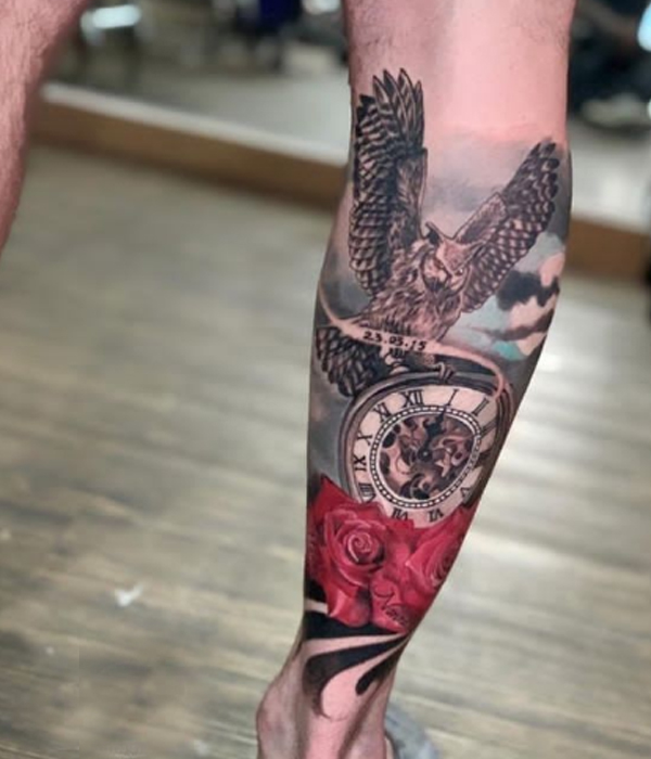 Awesome clock and owl, rose flower tattoo over the calf