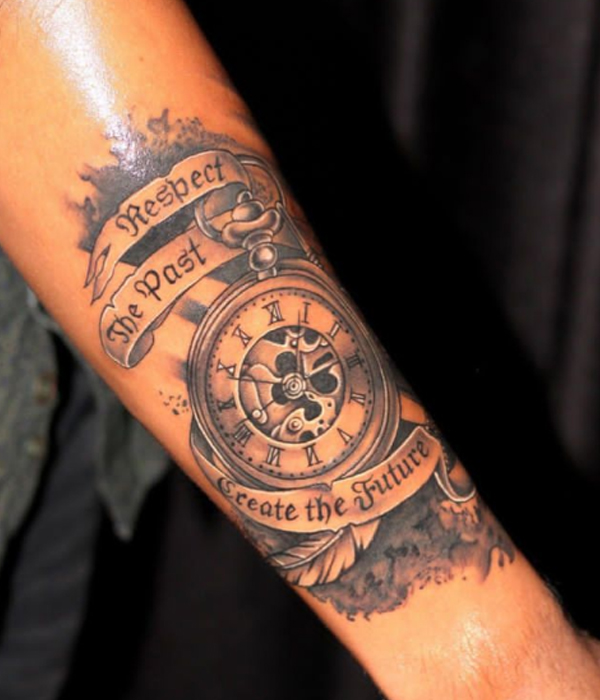 Fabulous clock and quote tattoo on the arm