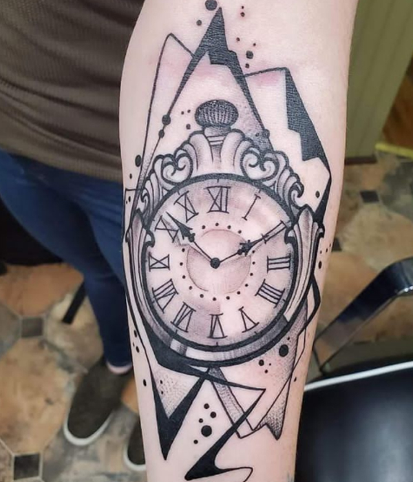 Awesome black clock abstract tattoo