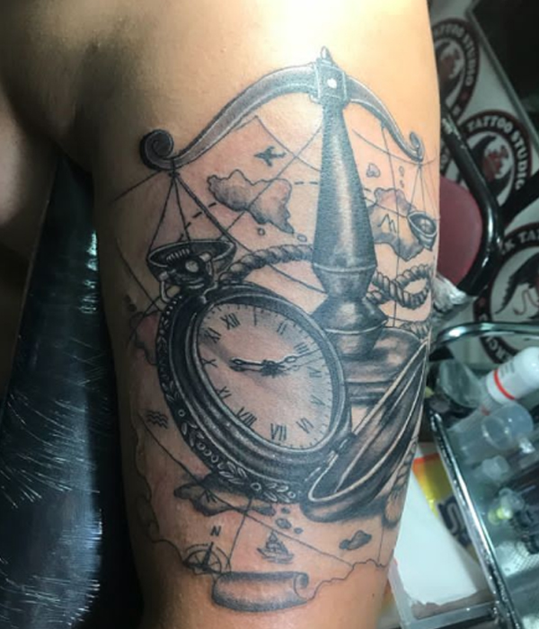 Analog Clock and scale black and grey tattoo