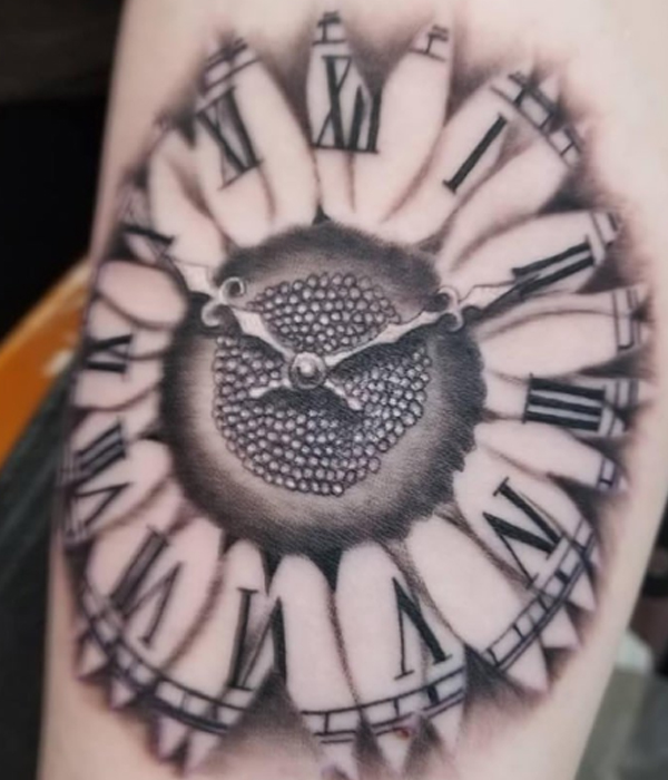 Gorgeous sunflower clock tattoo design