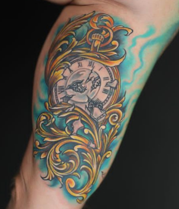 Adorable clock and filigree tattoo design