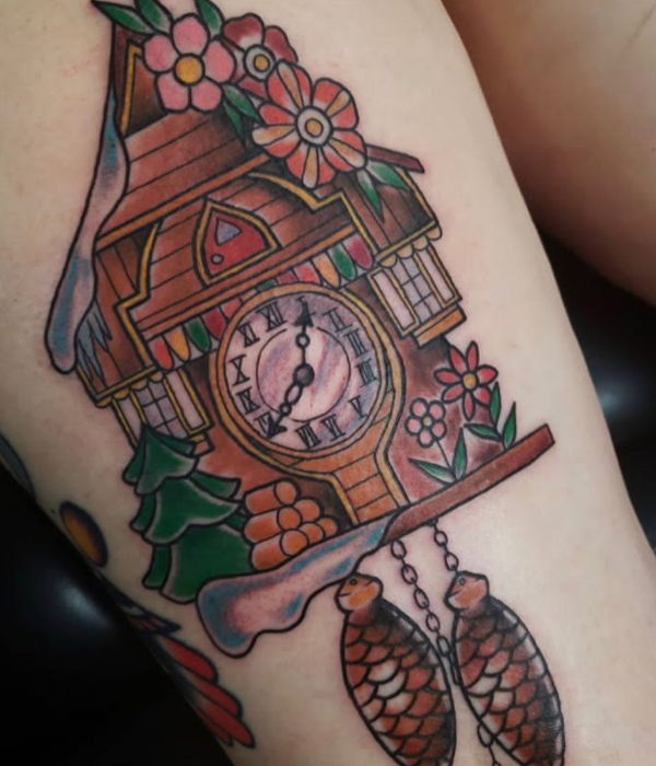 Old-school wall clock colorful tattoo