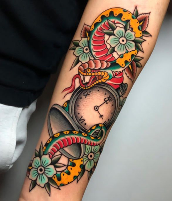 Awesome clock and snake old-school tattoo design
