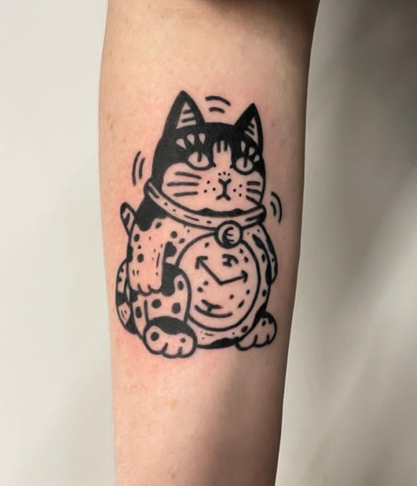 Fine line Clock and cat tattoo design