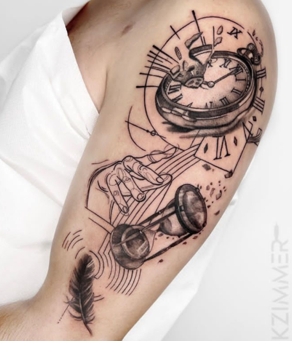 Broken clock, hand, feather, and compass tattoo design