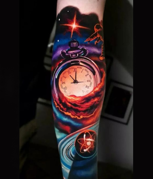 Hyper-realistic clock and universe colorful tattoo design