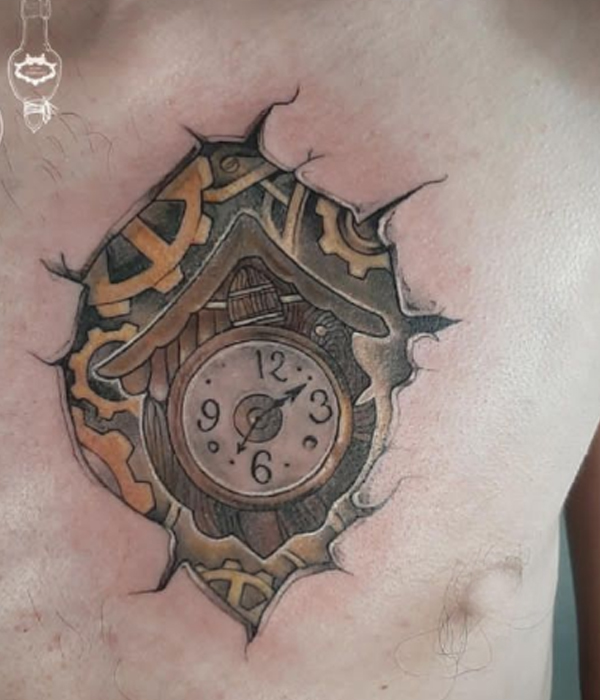 Awesome clock tribute to heart machinery tattoo on the chest
